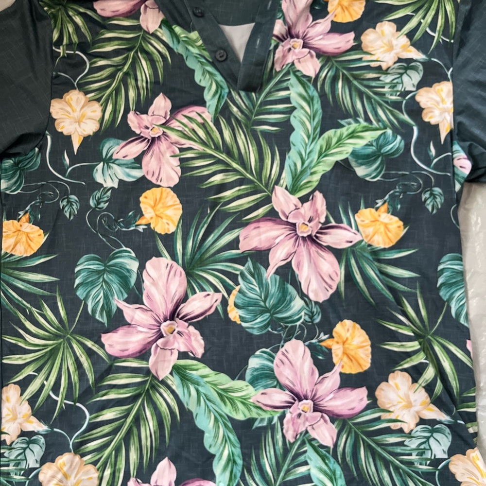Tropical Floral Button Polo - Pink & Green on Black